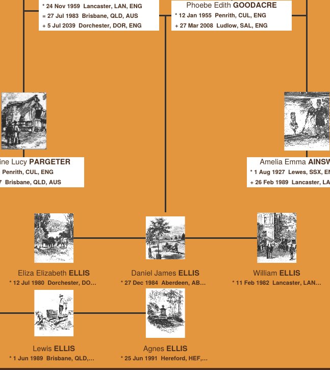 Close-up of the centre of the chart showing the main person, parents, and grandparents joined by lines.