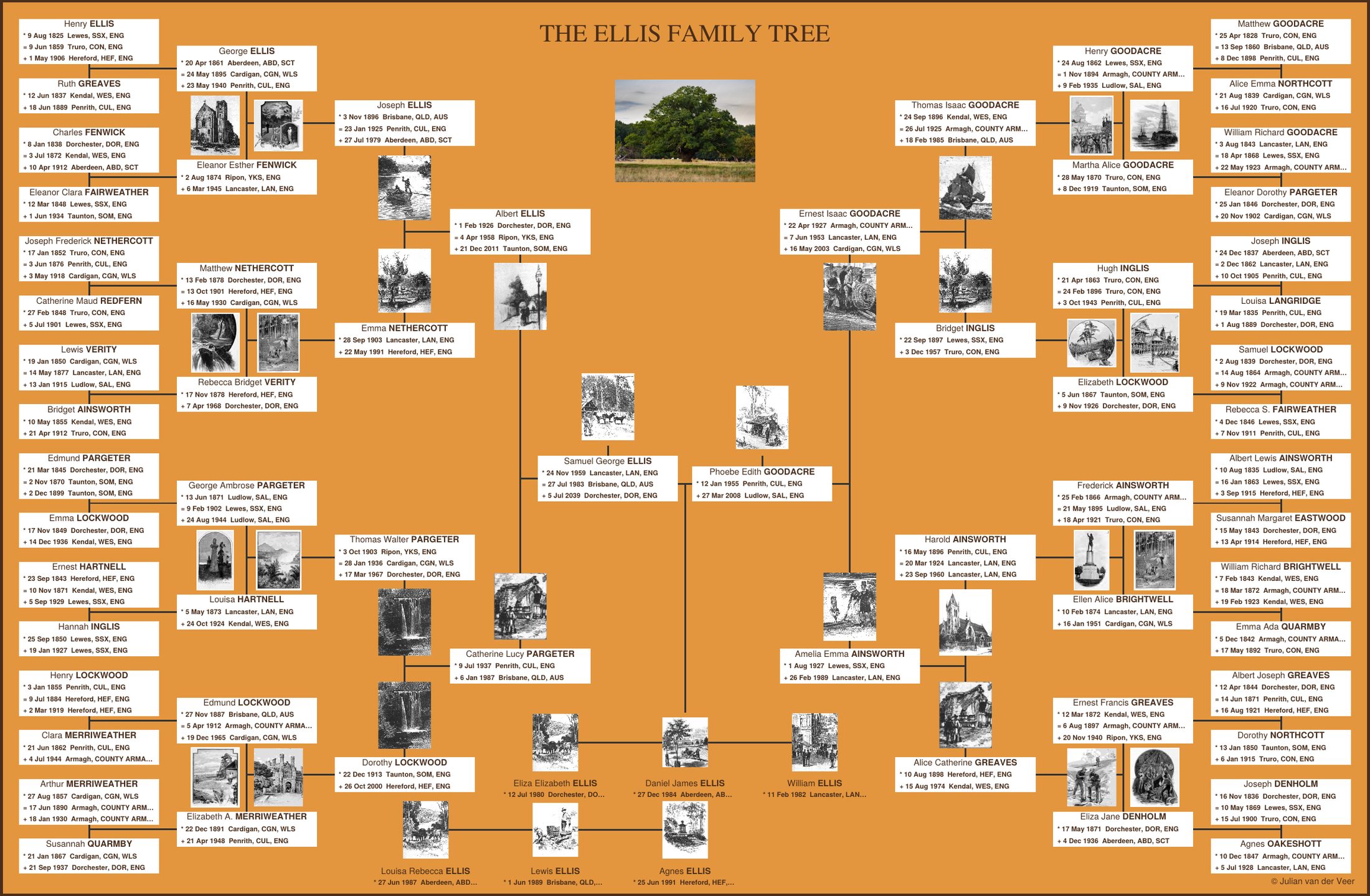 A finished chart: an amber-coloured wall chart with a family tree fanning out from the centre, name boxes for each ancestor and small vintage portraits.